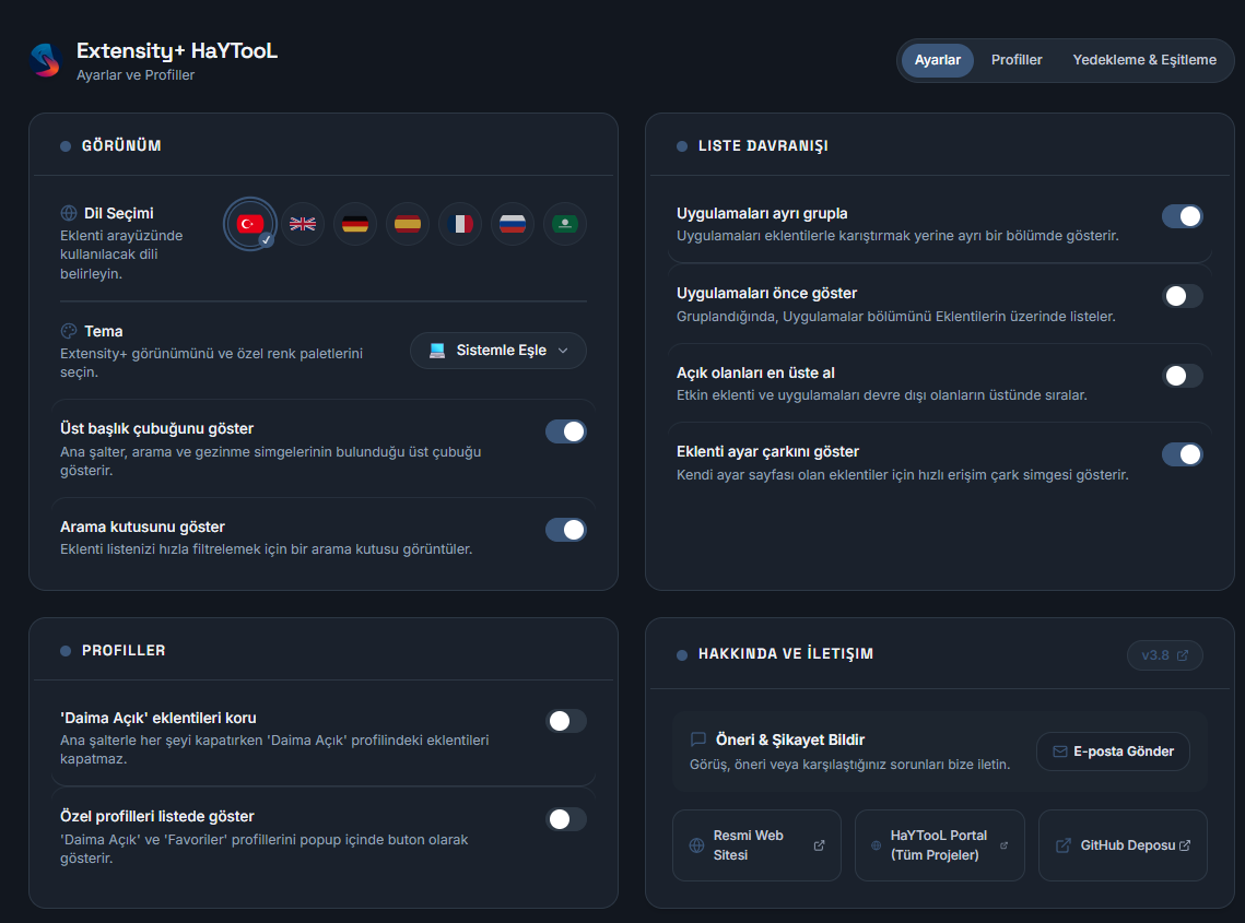 Options Page - Turkish UI & 2x2 Grid